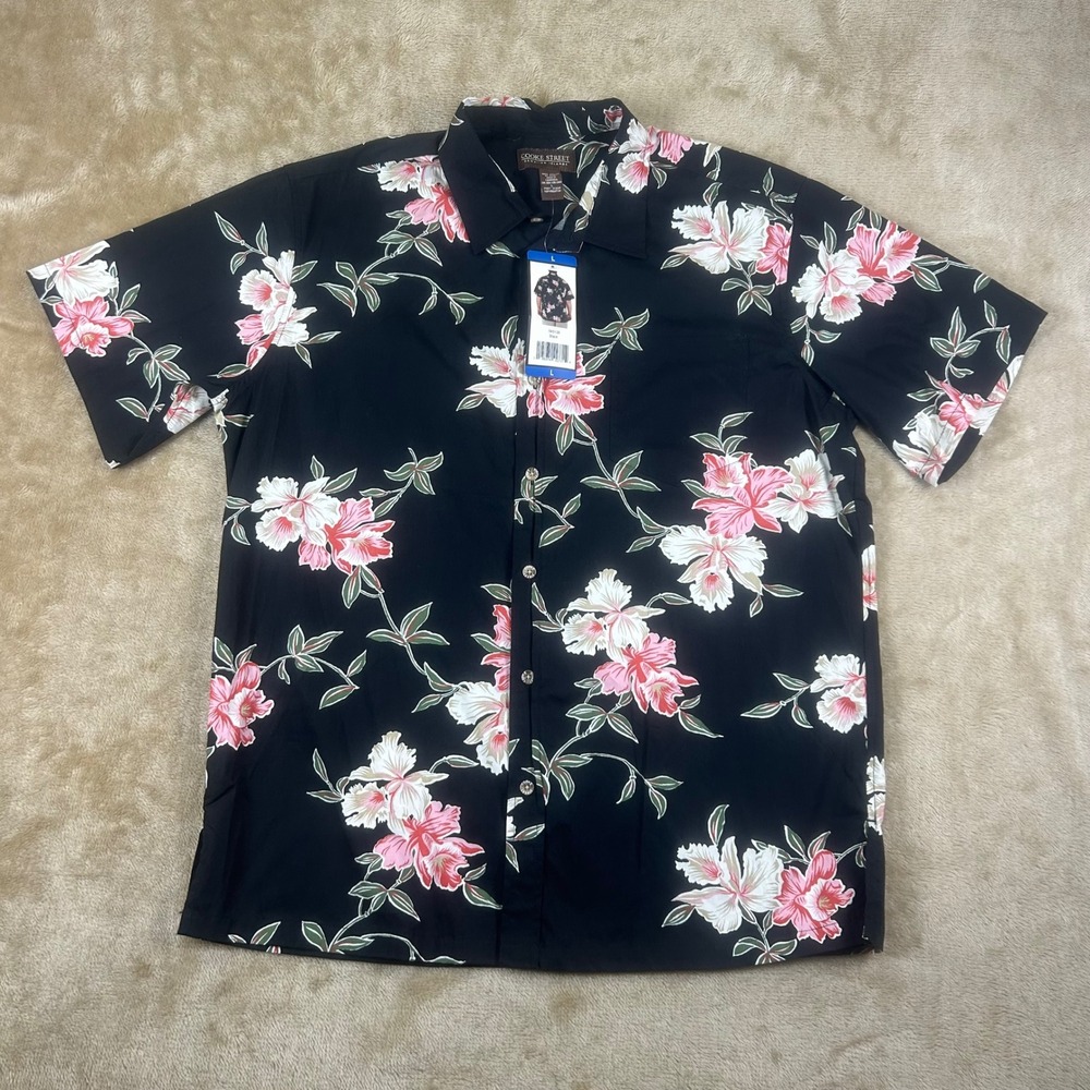 Cooke Street Hawaiian‎ Shirt Mens Large Black Pink Floral Cotton Aloha 545138